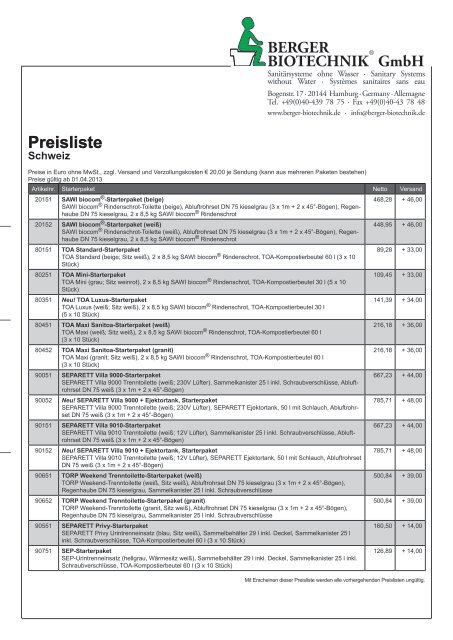 Versandpreisliste (Schweiz) - Berger Biotechnik GmbH