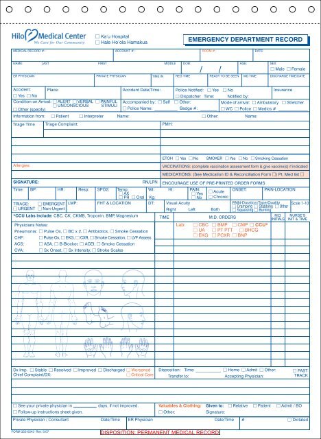 322 0543 Emergency Department Record Form Rev 05 07