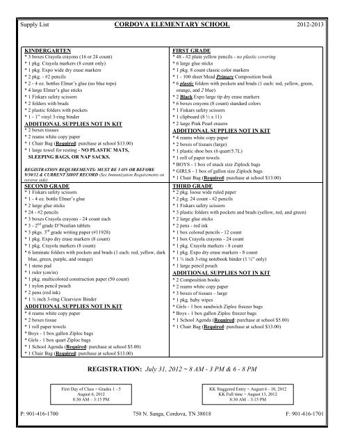 CORDOVA ELEMENTARY SCHOOL Supply List 2012-2013