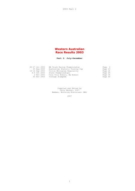 Western Australian Race Results 2003 - Terry Walker's Place