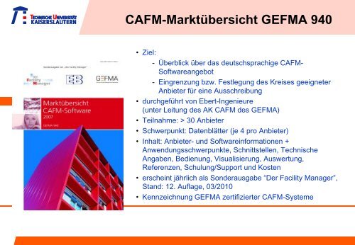 Das „ideale“ CAFM für eine Hochschule Marktübersicht und Standards ...