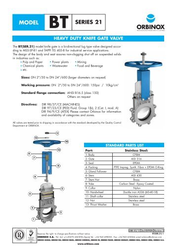 Orbinox Series 21 Knife Gate Valve - RM Headlee