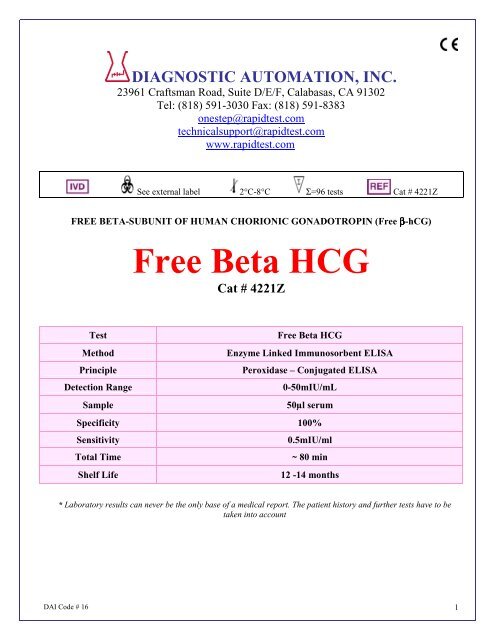 Free Beta HCG - ELISA kits - Rapid tests