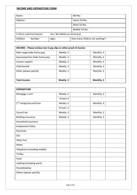 Income and expenditure form (means statement)