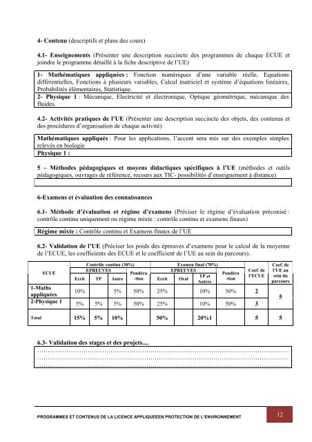 Programme de la Licence AppliquÃ©e en Protection de l'Environnement