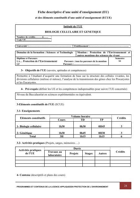 Programme de la Licence AppliquÃ©e en Protection de l'Environnement