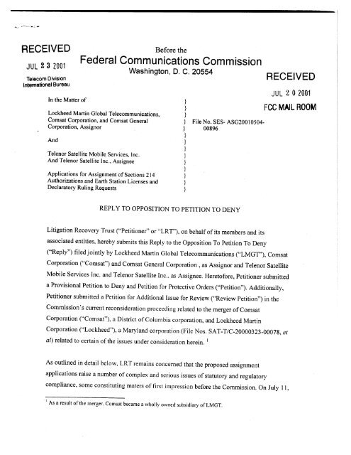 Reply to Opposition to Petition to Deny filed by Litigation Re - FCC