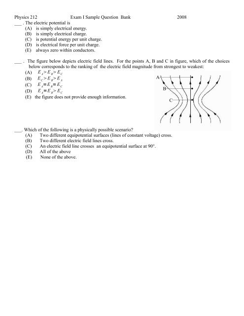 Physics 212 Exam I Sample Question Bank 2008 Multiple Choice ...