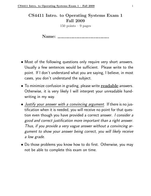 CS4411 Intro. to Operating Systems Exam 1 Fall 2009 Name: Ã¢Â€Â¢ Most ...