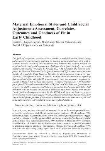 Maternal Emotional Styles and Child Social Adjustment: Assessment ...