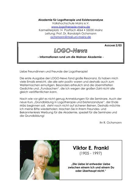 LOGO-News - Akademie fÃ¼r Logotherapie und Existenzanalyse Mainz
