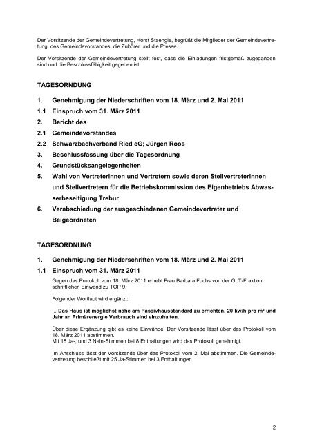 Protokoll über die Sitzung der Gemeindevertretung - Gemeinde Trebur