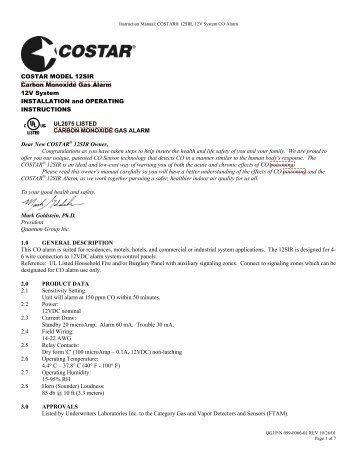 COSTAR MODEL 12SIR Carbon Monoxide Gas Alarm 12V System ...