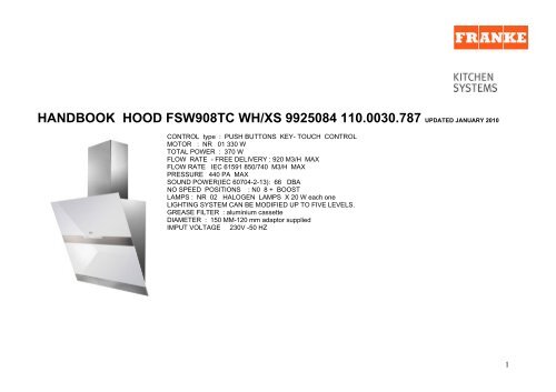 handbook hood fsw908tc wh/xs 9925084 110.0030 ... - Franke PIM