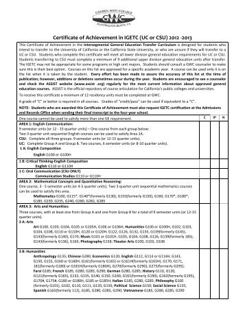 Certificate of Achievement in IGETC (UC or CSU) 2012