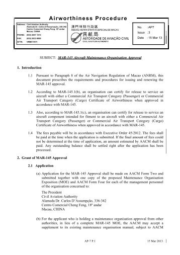 MAR-145 Aircraft Maintenance Organization Approval