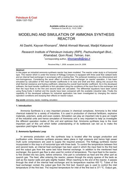 MODELING AND SIMULATION OF AMMONIA SYNTHESIS REACTOR