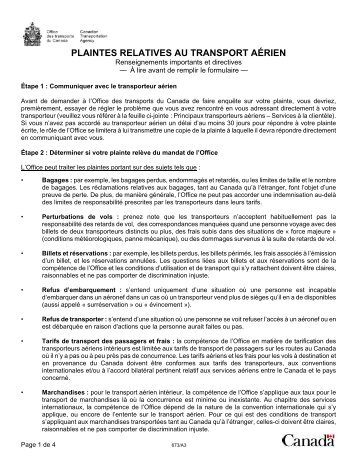 plaintes relatives au transport aÃ©rien - Office des transports du Canada