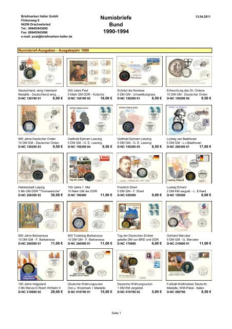 Numisbriefe Bund 1990-1994 - Briefmarken HALLER
