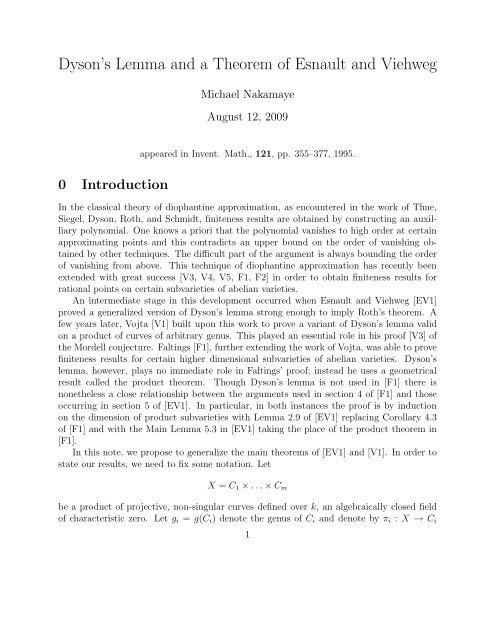 Dyson's Lemma and a Theorem of Esnault and Viehweg