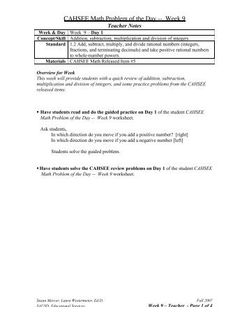 CAHSEE Math Problem of the Day -- Week 9