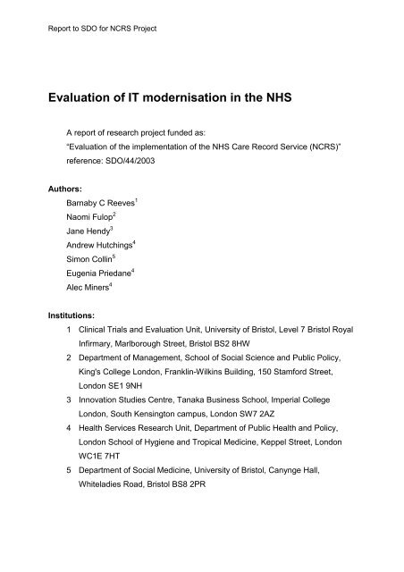 Evaluation of IT modernisation in the NHS - NETSCC