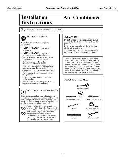 OWNER'S MANUAL - Comfort-Aire