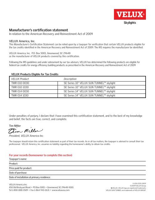 Manufacturer's certification statement - Velux