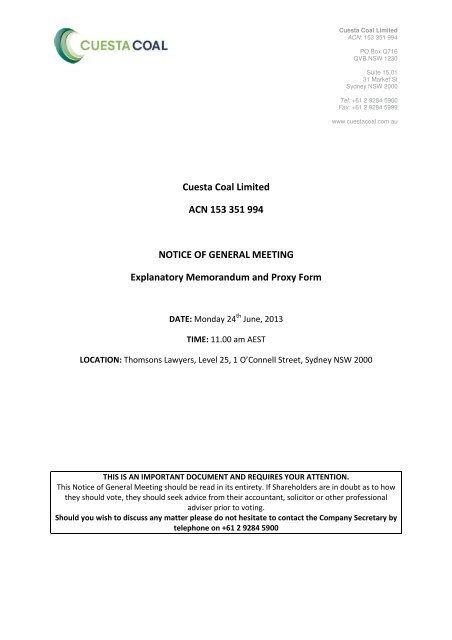 Cuesta Coal Limited ACN 153 351 994 NOTICE OF ... - ABN Newswire