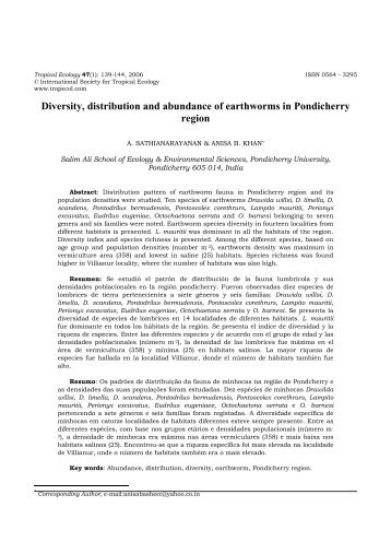 Diversity, distribution and abundance of earthworms in Pondicherry ...