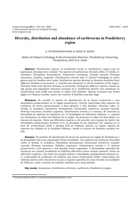 Diversity, distribution and abundance of earthworms in Pondicherry ...