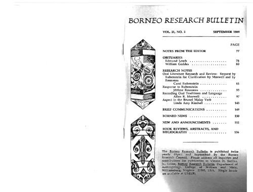 Volume 21, No. 2, 1989 - Borneo Research Council
