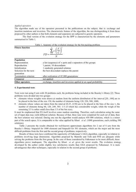 Evolutionary algorithm for bin packing problem