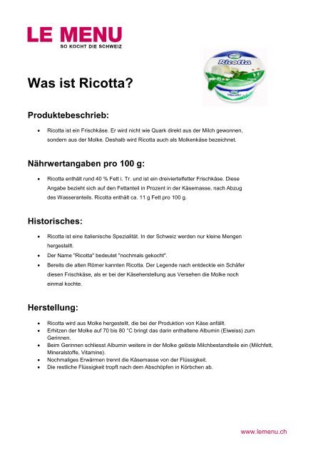 Facts rund um Ricotta zum Ausdrucken (PDF - Le Menu