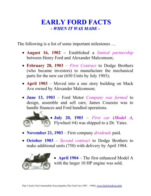 Dates - The 1903-1909 Early Ford Registry