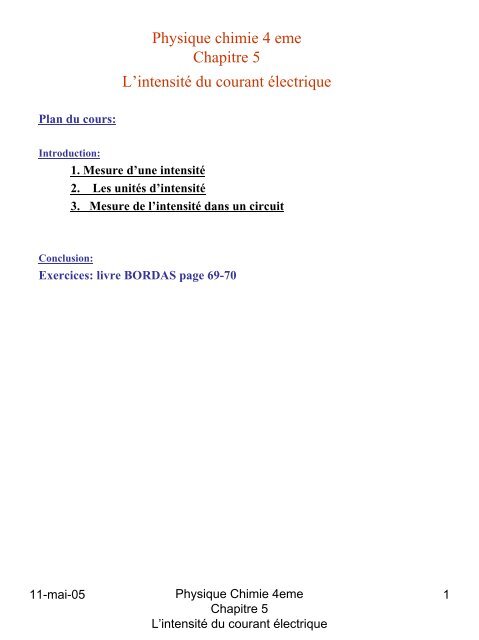 Physique chimie 4 eme Chapitre 5 L'intensitÃ© du courant Ã©lectrique