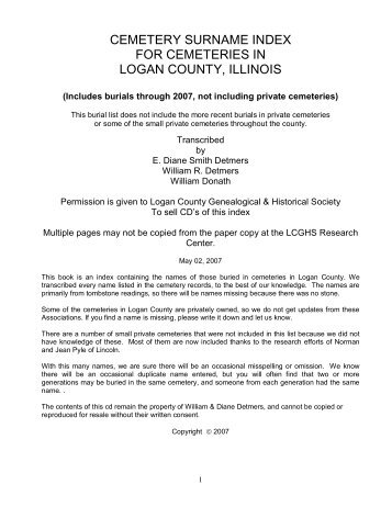cemetery surname index for cemeteries in logan county, illinois - 6:30