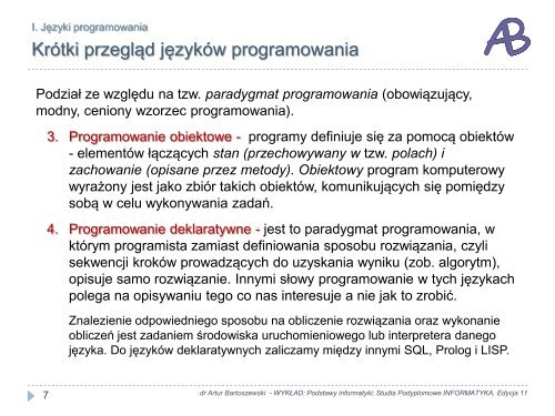 WykÅad 5: Rzut oka na jÄzyki i systemy programowania..