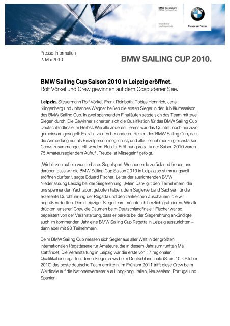 BMW Sailing Cup Saison 2010 in Leipzig erÃƒÂ¶ffnet. Rolf VÃƒÂ¶rkel und ...