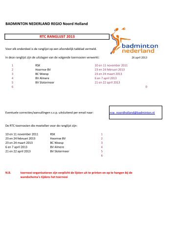 RTC Ranglijst Noord Holland 2013 - Badminton Nederland