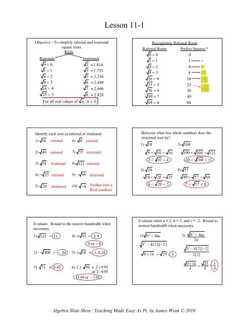 11-1 Square Root Functions - Math Slide Show