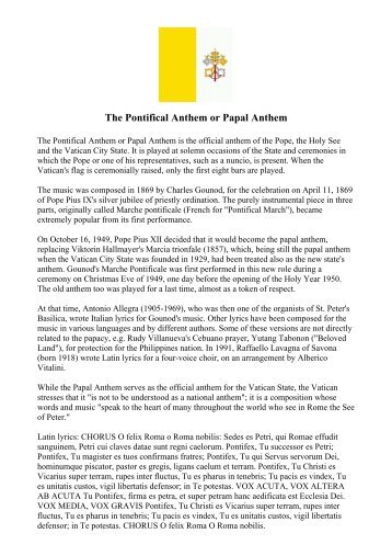 The Pontifical Anthem or Papal Anthem - The Roman Catholic ...