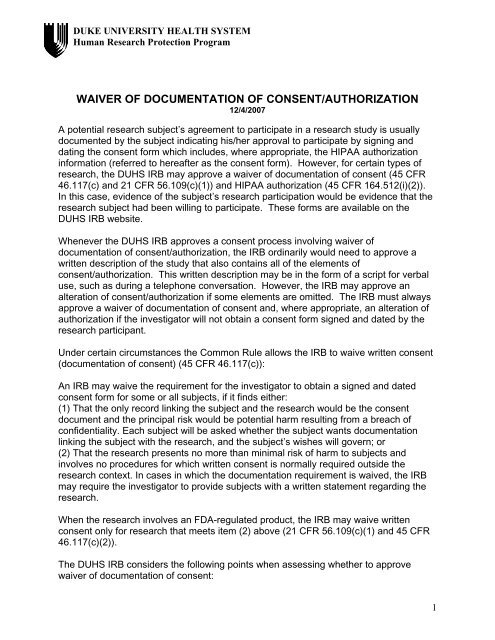 waiver of documentation of consent/authorization - Duke University