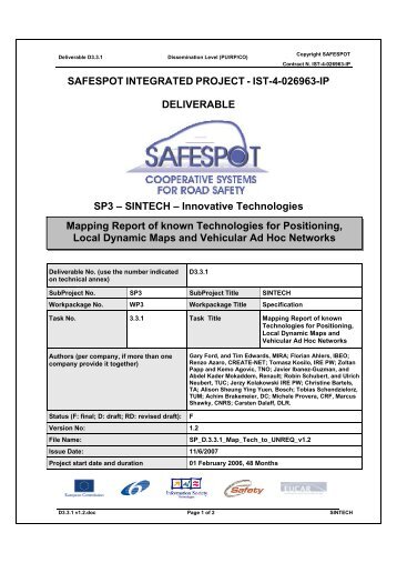 IST-4-026963-IP DELIVERABLE SP3 – SINTECH - Safespot