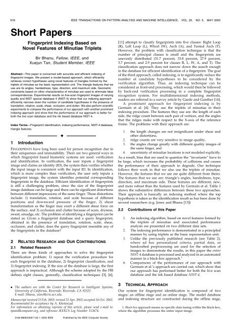 Fingerprint indexing based on novel features of minutiae triplets ...