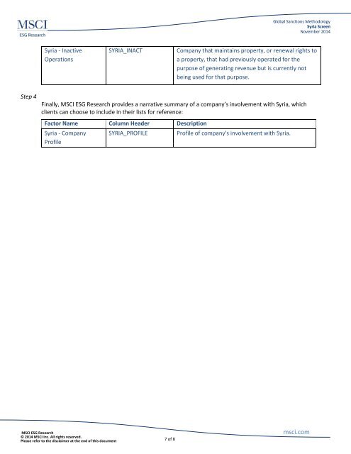 Syria Screen - RiskMetrics Online Help Files - MSCI