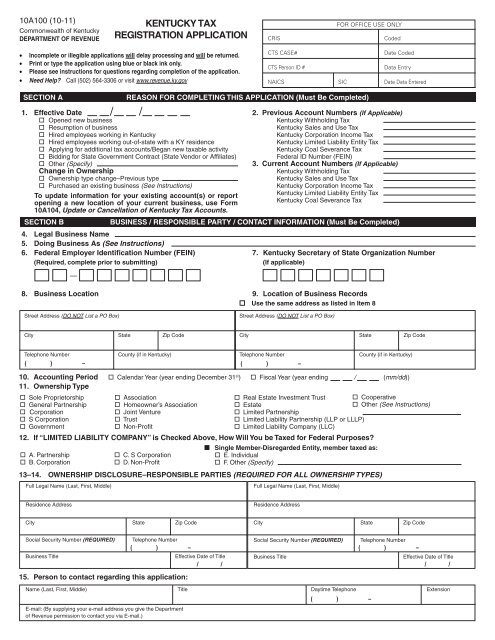 Kentucky Tax Registration Application - Form 10A100