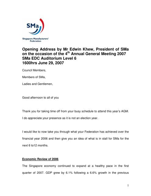 SMa President's 4th AGM Speech - Singapore Manufacturing ...