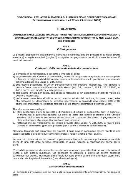 Disposizioni attuative in materia di pubblicazione dei protesti cambiari