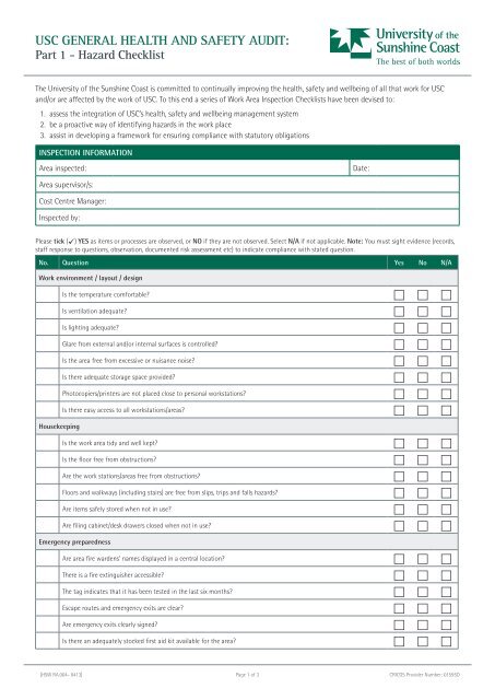 USC General Health and Safety Audit: Part 1 - Hazard Checklist